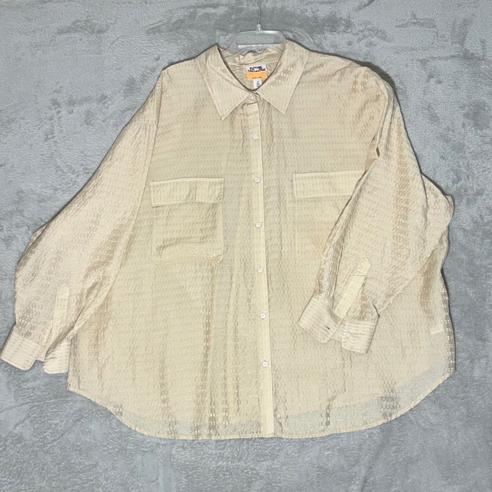 Future Collective Jenny‎ K Lopez Shirt 2X Cream Textured Button Down Blouse Top